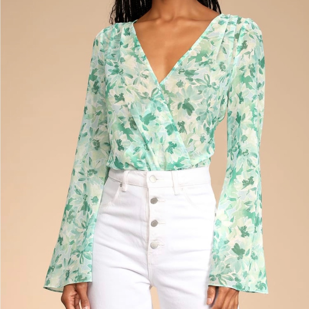 Lulus Let It Grow Mint Green Floral Print Long Sleeve Bodysuit